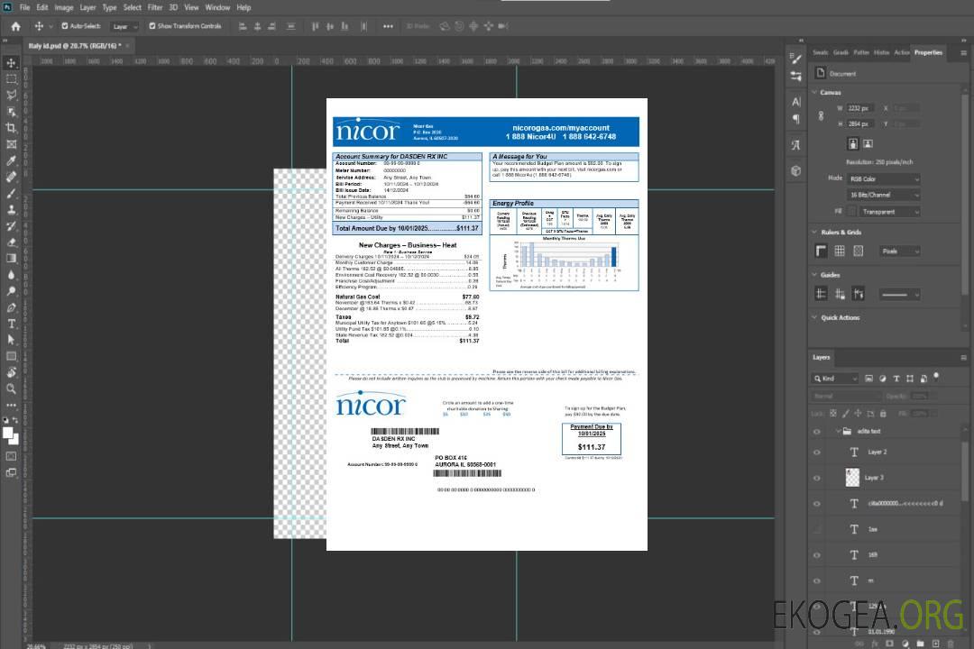 Modèle de facture de services publics de gaz Nicor ​​USA Illinois aux formats Word et PDF template